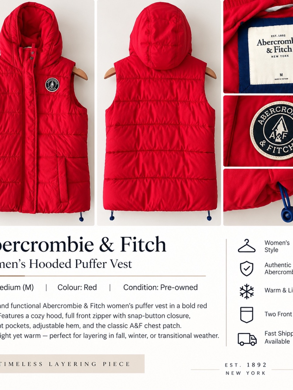 Abercrombie & Fitch Red Hooded Puffer Vest for Kids